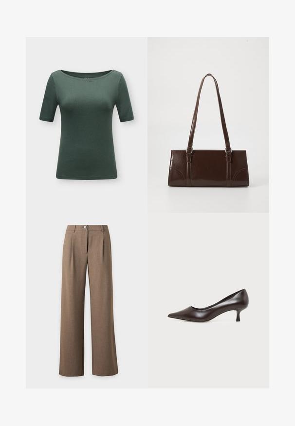 T-shirt ajusté à manches courtes vert foncé avec un large col rond sur un fond clair uni.; Pantalon marron taille haute à jambes larges avec fermeture bouton et zip et plis devant sur un fond clair uni.; Escarpin en cuir marron foncé à bout pointu avec petit talon incurvé sur fond blanc.; Sac à main en cuir verni marron de forme rectangulaire, avec deux longues poignées et des accents courbés subtils à l'avant.