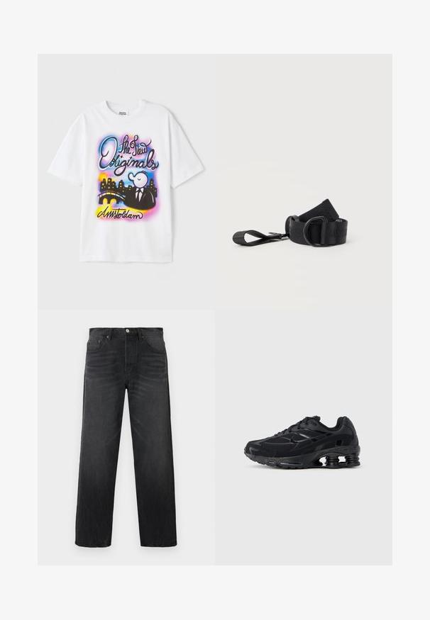 Hvid bomulds T-shirt med grafisk motiv på forsiden, der viser farverige tekster, en tegneseriefigur i jakkesæt, en bro og en by-skyline.; Sorte denimjeans med lige ben, der har fem lommer, en knaplukning foran og subtil falming for tekstur.; Sort atletiksko med mesh-overdel, polstret krave og markant støddæmpningsteknologi ved hælen. Har teksturerede detaljer og snørebånd.; Sort justerbar rem med D-ringspænde og løkkeende, lavet af vævet stof, lagt sammenrullet på hvid baggrund.