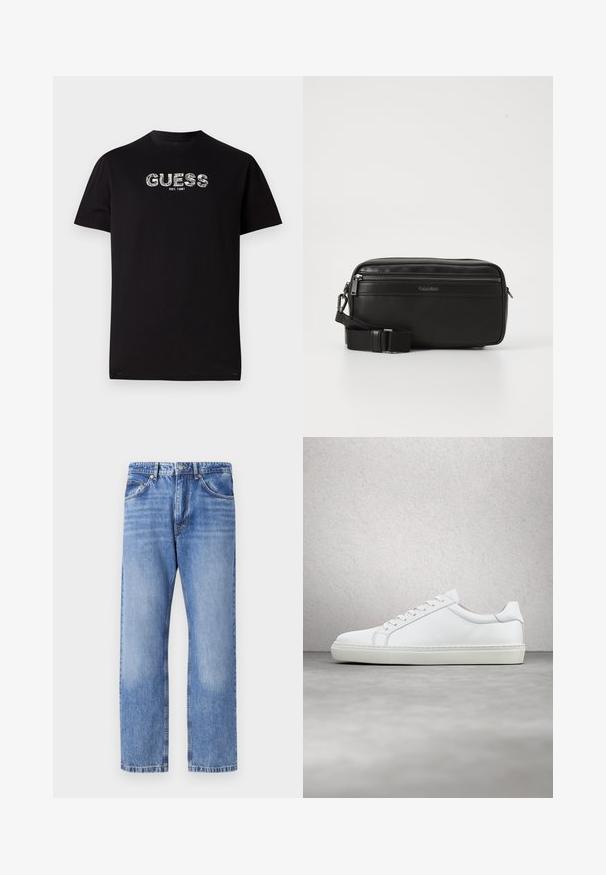 Sort bomulds T-shirt med korte ærmer, der har et hvidt grafisk "GUESS" logo og teksten "EST. 1981" nedenfor. Rund halsudskæring, afslappet pasform.; Lyseblå denimjeans med lige ben, fem lommer, kontrasttråd og en let slidt finish. Knap- og lynlåslukning.; Hvide sneakers med en glat læderoverdel og lav profil. Har en rund tå, seks snørehuller og en tekstureret gummisål.; Sort læder crossover taske med en lynlåslomme, tekstureret overflade, justerbar rem og Calvin Klein-branding på forsiden.