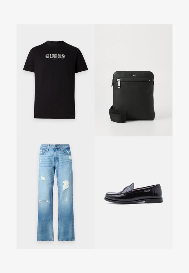 Zwarte katoenen t-shirt met korte mouwen, voorzien van een witte grafische "GUESS" logo en de tekst "EST. 1981" eronder. Ronde halslijn, casual pasvorm.; Lichtblauwe spijkerbroeken met een rechte pijp ontwerp, met gescheurde details en een vervaagde afwerking. Inclusief een metalen knoop en vijf zakken.; Zwarte leren loafers met een glanzende afwerking, voorzien van een gestikt ontwerp op de neus en een lage, zwarte rubberen zool met structuur.; Zwarte leren crossbodytas met een plat ontwerp, een gestructureerd oppervlak, ritssluiting, voorvak en een verstelbare stoffen riem.