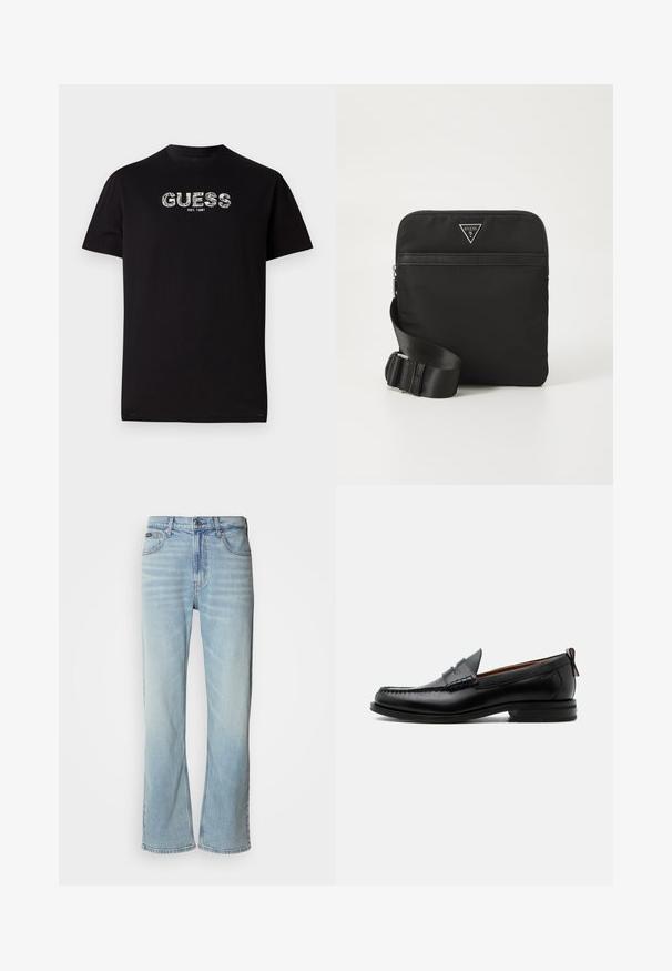 Zwarte katoenen t-shirt met korte mouwen, voorzien van een witte grafische "GUESS" logo en de tekst "EST. 1981" eronder. Ronde halslijn, casual pasvorm.; Lichtblauwe denim jeans met een rechte pijp, voorzien van vijf zakken, een knoopsluiting en subtiele vervaging op de stof.; Zwarte leren herensloffen met moc toe stiksel, pennyriem, gestructureerde kraag en lage gestapelde hak op witte achtergrond.; Zwarte nylon schoudertas met verstelbare band, ritsluiting, voorkant vak en logo-embleem in zilverkleur. Vlakke rechthoekige vorm, gladde textuur.