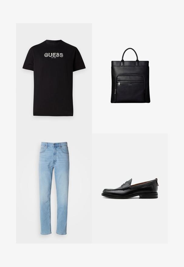 Sort bomulds T-shirt med korte ærmer, der har et hvidt grafisk "GUESS" logo og teksten "EST. 1981" nedenfor. Rund halsudskæring, afslappet pasform.; Lys blå denim jeans med lige pasform, fem lommer og bæltestropper. Stoffet har en glat overflade med en let falmningseffekt.; Sort læder herre loafer med moc-tå syning, penny strop, struktureret krave og lav stablet hæl på hvid baggrund.; Sort læder tote taske med top håndtag og en front lynlåslomme med et lille Calvin Klein-logo på lommen.
