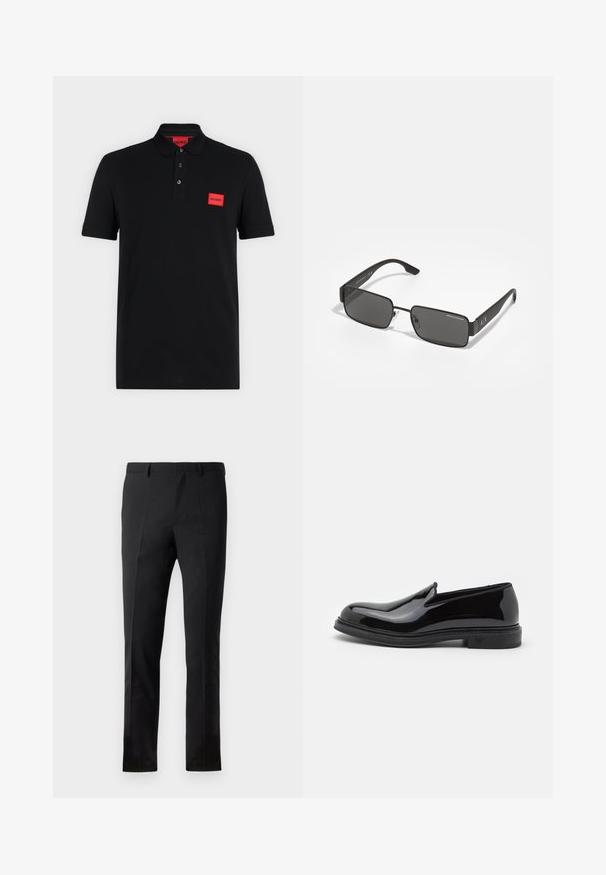 Zwart poloshirt met korte mouwen, een sluiting met drie knopen en een rood rechthoekig Hugo-logo op de linkerborst en binnen in de kraag.; Zwarte broeken met een getailleerde pasvorm, voorzien van een flat front, twee plooien, riemlussen en een gladde textuur. Geen zichtbare patronen of hardware.; Zwarte gepolijste leren instapschoen met een ronde neus, met een gestructureerde zool en subtiele branding op de hak. Glad oppervlak.; Zwarte rechthoekige zonnebril met grijze lenzen. Slanke pootjes met zilveren accenten en branding. Lichtgewicht metalen frameontwerp.