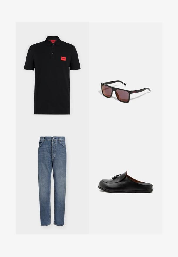 Zwart poloshirt met korte mouwen, een sluiting met drie knopen en een rood rechthoekig Hugo-logo op de linkerborst en binnen in de kraag.; Blauwe denim jeans met rechte pijpen, hoge taille, knoopsluiting aan de voorkant en vijfzakkenontwerp op een effen lichte achtergrond.; Zwarte leren backless loafer met kwastjes aan de bovenkant, zijaanzicht op een lichte effen achtergrond.; Zwarte rechthoekige zonnebril met donkerrode glazen, voorzien van een matte afwerking en een rood logo op de slapen. Stevig plastic frame.