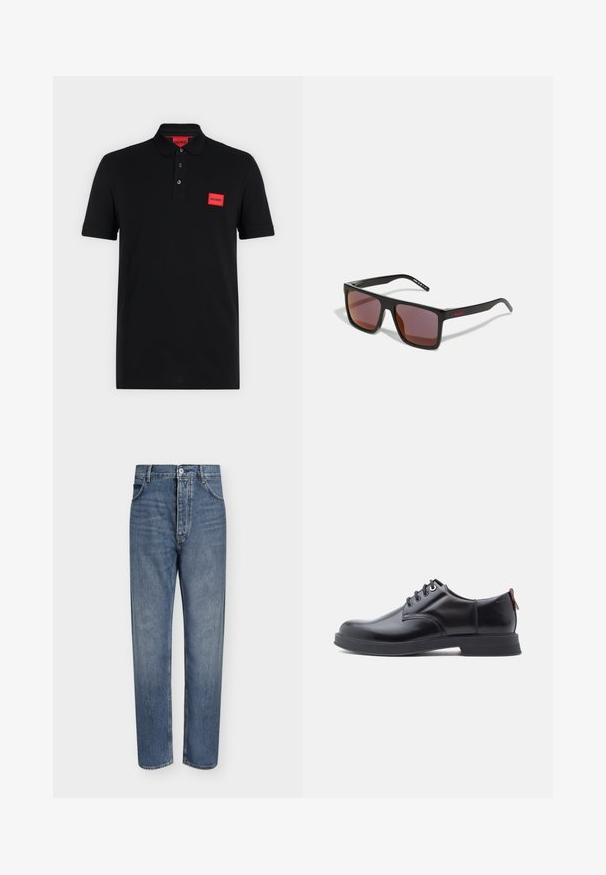 Schwarzes Poloshirt mit kurzen Ärmeln, einer Drei-Knopf-Leiste und rotem rechteckigem Hugo-Logo auf der linken Brustseite und innen am Kragen.; Gerade geschnittene blaue Jeans aus Denim mit hoher Taille, Frontknopfverschluss und Fünf-Taschen-Design auf einem schlichten hellen Hintergrund.; Schwarze Leder-Schnürschuhe mit glatter Textur, rundem Zehenbereich und dezenten Ziernähten. Mit einem roten Laschenband an der Ferse.; Schwarze rechteckige Sonnenbrille mit dunkelroten Gläsern, mit matter Oberfläche und rotem Logo am Bügel. Robuster Kunststoffrahmen.