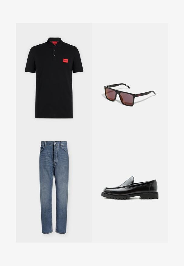 Sort poloshirt med korte ærmer, tre-knaps slids og rødt rektangulært Hugo-logo på venstre bryst og indersiden af kraven.; Straight-leg blå denim jeans med høj talje, frontknaplukning og fem-lomme design på en ensartet lys baggrund.; Sort læderloafer med chunky gummisål, syet overdel og præget mærkenavn på hælen, vist i sideprofil på hvid baggrund.; Sorte rektangulære solbriller med mørkerøde linser, med en mat finish og rød logo på stangen. Solid plastikramme.