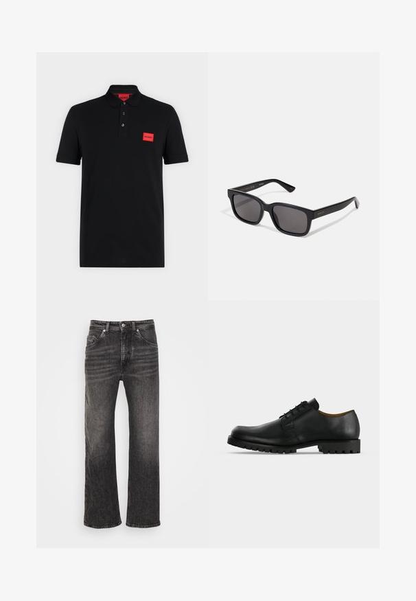 Sort poloshirt med korte ærmer, tre-knaps slids og rødt rektangulært Hugo-logo på venstre bryst og indersiden af kraven.; DRYKORN WAYDE - Jeans Relaxed Fit - black; Sort lædersko med snørebånd, tyk rillede sål og lav hæl vist på en hvid baggrund.; Sorte rektangulære solbriller med mørke linser. Mat finish, guld branding på templet og lige, tilspidsede arme.