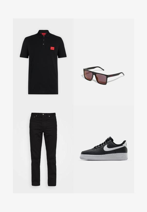 Zwart poloshirt met korte mouwen, een sluiting met drie knopen en een rood rechthoekig Hugo-logo op de linkerborst en binnen in de kraag.; Zwarte spijkerbroeken van denim met een recht gesneden ontwerp, vijf zakken en metalen hardware; gladde textuur en klassieke donkere kleur.; Zwarte lederen sneaker met een textuur oppervlak, witte Nike swoosh, grijze zool, ronde neus en vetersluiting. Bevat perforaties op de neus.; Zwarte rechthoekige zonnebril met donkerrode glazen, voorzien van een matte afwerking en een rood logo op de slapen. Stevig plastic frame.