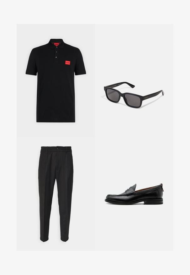 Schwarzes Poloshirt mit kurzen Ärmeln, einer Drei-Knopf-Leiste und rotem rechteckigem Hugo-Logo auf der linken Brustseite und innen am Kragen.; Schwarze Hose aus strukturiertem Stoff, mit Knopfverschluss, elastischem Bund, zwei vorderen Taschen und schmal zulaufenden Beinen.; Schwarzer Leder-Herrenschuh mit Mokassinnaht, Penny-Riemen, strukturiertem Kragen und niedrigem gestapeltem Absatz auf weißem Hintergrund.; Schwarz rechteckige Sonnenbrille mit dunklen Gläsern. Mattes Finish, goldene Markierung an der Schläfe und gerade, verjüngte Bügel.