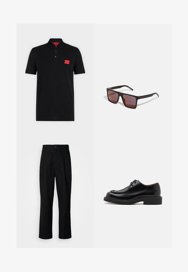 Sort poloshirt med korte ærmer, tre-knaps slids og rødt rektangulært Hugo-logo på venstre bryst og indersiden af kraven.; Sorte lige ben bukser med en knaplukket talje, bæltestropper og en frontfold, præsenteret mod en ensfarvet hvid baggrund.; Sort lædersko med en rund tå, stikninger, minimale snørebånd og en tyk gummisål for greb og holdbarhed.; Sorte rektangulære solbriller med mørkerøde linser, med en mat finish og rød logo på stangen. Solid plastikramme.