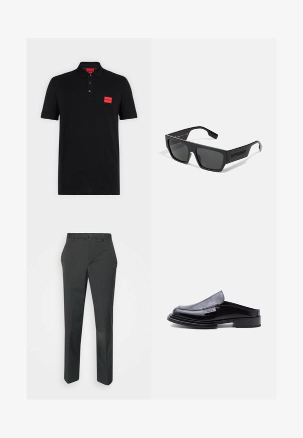 Sort poloshirt med korte ærmer, tre-knaps slids og rødt rektangulært Hugo-logo på venstre bryst og indersiden af kraven.; Neil Barrett PLEAT TROUSERS - Bukser - black; Sort laklæder slip-on loafer med firkantet tå, flad hæl og "Moschino Milano" metalmærke på siden.; Sorte solbriller med rektangulær form, mat finish og grå linser. Har et prægede logo på stængerne. Klassisk design.