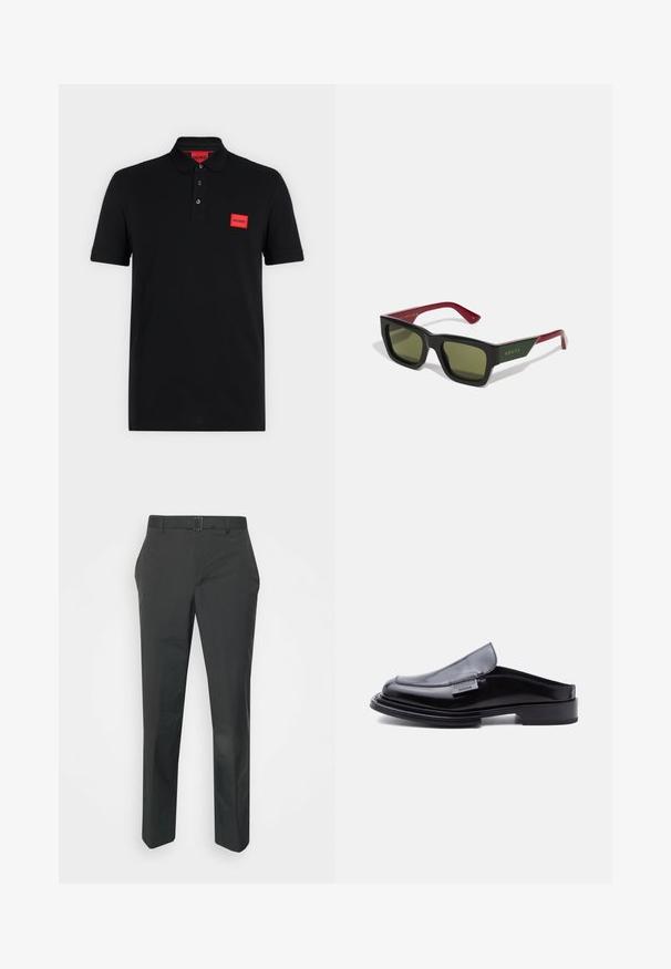 Schwarzes Poloshirt mit kurzen Ärmeln, einer Drei-Knopf-Leiste und rotem rechteckigem Hugo-Logo auf der linken Brustseite und innen am Kragen.; Neil Barrett PLEAT TROUSERS - Stoffhose - black; Schwarzer Slipper aus Lackleder mit quadratischer Spitze, flachem Absatz und Metallplakette "Moschino Milano" an der Seite.; Schwarze rechteckige Sonnenbrille mit grün getönten Gläsern und tief roten Bügeln. Verfügt über das goldene "GUCCI"-Logo an der Außenseite eines Bügels.