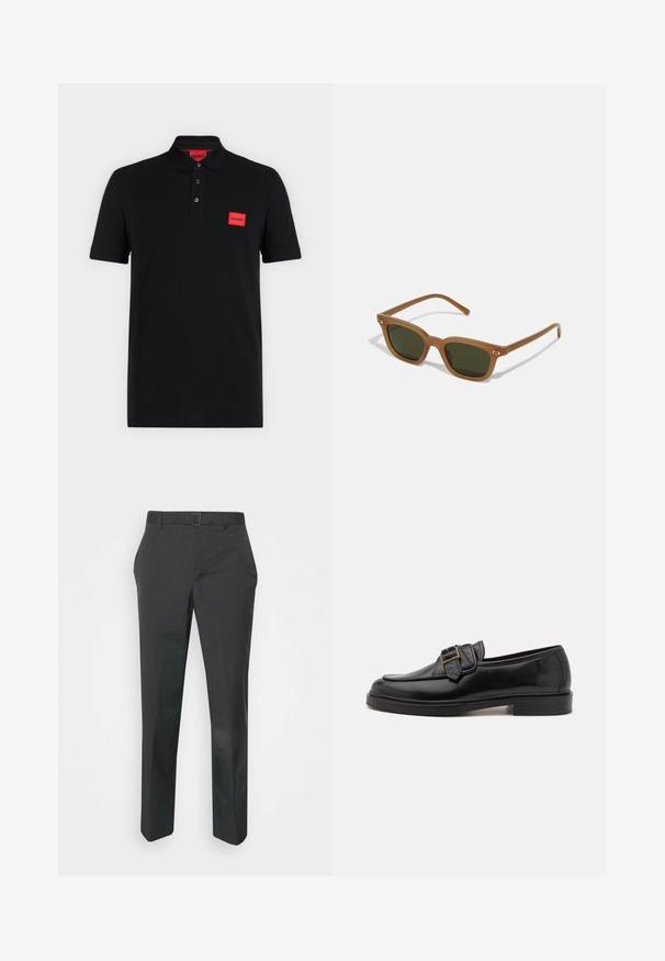 Zwart poloshirt met korte mouwen, een sluiting met drie knopen en een rood rechthoekig Hugo-logo op de linkerborst en binnen in de kraag.; Neil Barrett PLEAT TROUSERS - Broek - black; Zwarte leren instappers met een ronde neus en een decoratieve gesp. Platte, stevige hak en een gladde textuur overal.; Bruine acetaatsunglasses met donkergroene lenzen, rechthoekige vorm en gouden accenten op de pootjes. Gladde textuur, minimalistisch ontwerp.