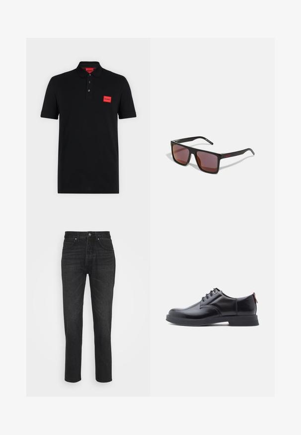 Sort poloshirt med korte ærmer, tre-knaps slids og rødt rektangulært Hugo-logo på venstre bryst og indersiden af kraven.; Sorte denimjeans med et lige ben-design, der har fem lommer, knaplukning og subtile syninger.; Sorte snørestøvler i læder med glat tekstur, rundet tå og diskrete syningsdetaljer. Har en rød trækflig på hælen.; Sorte rektangulære solbriller med mørkerøde linser, med en mat finish og rød logo på stangen. Solid plastikramme.