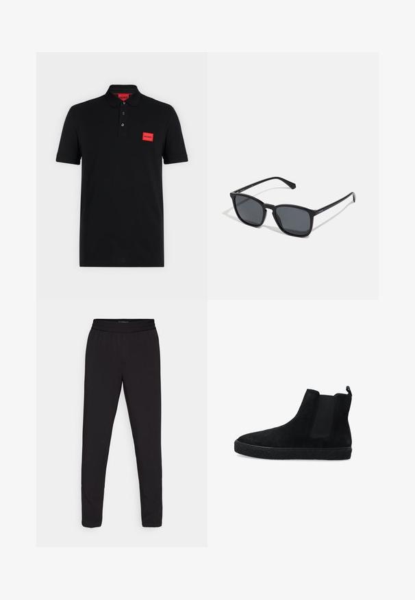 Schwarzes Poloshirt mit kurzen Ärmeln, einer Drei-Knopf-Leiste und rotem rechteckigem Hugo-Logo auf der linken Brustseite und innen am Kragen.; Schwarze, schmal zulaufende Hosen mit elastischem Bund, aus einem glatten, leichten Stoff gefertigt, ohne sichtbare Muster oder Hardwaredetails.; Schwarze Wildleder-Ankle Boots mit elastischen Seitenpaneelen und einer strukturierten schwarzen Gummisohle. Mit einer Zuglasche an der Rückseite für ein einfaches An- und Ausziehen.; Schwarze rechteckige Sonnenbrille mit dunklen Gläsern, schlanken Kunststoffgestellen und geraden Bügeln. Mit einem subtilen Logo an der Seite.