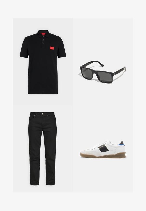 Schwarzes Poloshirt mit kurzen Ärmeln, einer Drei-Knopf-Leiste und rotem rechteckigem Hugo-Logo auf der linken Brustseite und innen am Kragen.; Won Hundred ARCHER - Jeans Tapered Fit - rinse black; Weißer Sneaker mit schwarzen und blauen Akzenten, Obermaterial aus Wildleder und Leder, runde Zehenform, flache Gummisohle und goldfarbene Marken-Details an der Seite.; Schwarze rechteckige Sonnenbrille mit dunklen Gläsern und matter Oberfläche. Enthält das eingeprägte "POLO"-Logo an den Bügeln und ein robustes Rahmendesign.
