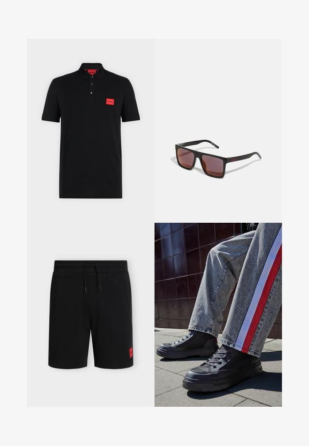Schwarzes Poloshirt mit kurzen Ärmeln, einer Drei-Knopf-Leiste und rotem rechteckigem Hugo-Logo auf der linken Brustseite und innen am Kragen.; Schwarze knielange Shorts mit elastischem Bund und Kordelzug, mit einem kleinen roten rechteckigen Logo-Patch am unteren linken Bein.; Schwarze High-Top-Sneaker mit Netzpaneelen und dicken Gummisohlen, kombiniert mit grauen Jeans mit roten und weißen Seitenstreifen.; Schwarze rechteckige Sonnenbrille mit dunkelroten Gläsern, mit matter Oberfläche und rotem Logo am Bügel. Robuster Kunststoffrahmen.