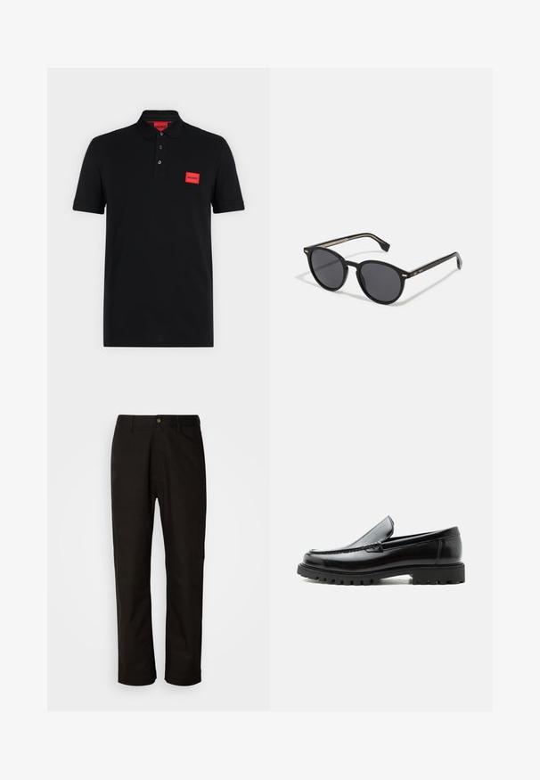 Schwarzes Poloshirt mit kurzen Ärmeln, einer Drei-Knopf-Leiste und rotem rechteckigem Hugo-Logo auf der linken Brustseite und innen am Kragen.; Schwarze Baumwollhosen mit geradem Schnitt, Gürtelschlaufen, einem Reißverschluss vorne und einem einzelnen Knopfverschluss. Glatte Textur ohne sichtbare Muster.; Schwarzer Lederloafer mit grober Gummisohle, genähter Oberseite und geprägtem Markennamen an der Ferse, seitlich auf weißem Hintergrund gezeigt.; BOSS Sonnenbrille - black