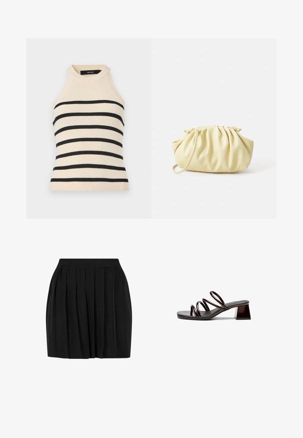 Ærmeløs top med ribstrik i creme med sorte horisontale striber. Design med høj hals. Blød tekstur, kropsnær silhuet og minimalistisk æstetik.; Sort plisseret nederdel lavet af blødt stof, med elastisk talje og en udvidet silhuet. Glat tekstur med jævnt fordelte folder.; Åben tå hæl sandal i mørk bourgogne lakeret læder, med tre tynde stropper og en firkantet blokhæl. Glat overflade, minimalistisk design.; Gul plisseret håndtaske lavet af glat kunstlæder, med en blød form, en enkelt skulderrem og samlet topdesign.