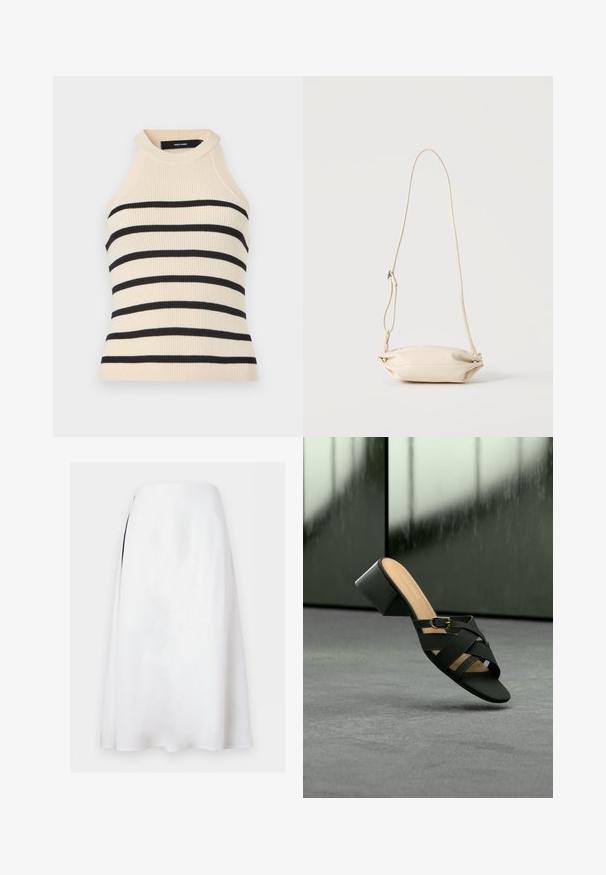 Ærmeløs top med ribstrik i creme med sorte horisontale striber. Design med høj hals. Blød tekstur, kropsnær silhuet og minimalistisk æstetik.; Hvid A-line midi-nederdel med høj talje og subtil sidespalte på ensfarvet baggrund.; Sort hælsandal med krydsede stropper og gulddetalje ved spænde, vist mod en sløret mørkegrøn og grå baggrund.; Lille beige læder crossbody taske med justerbar rem, vist mod en ensfarvet lys baggrund.