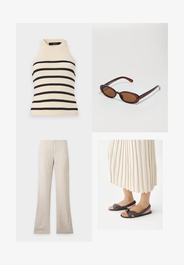 Ærmeløs top med ribstrik i creme med sorte horisontale striber. Design med høj hals. Blød tekstur, kropsnær silhuet og minimalistisk æstetik.; Beige hørbukser med lige ben og skjult frontlukning, vist fladt på en ensfarvet lys baggrund. Ingen synlige lommer eller detaljer.; Fødder iført mørkebrune slingback-sandaler med krydsremme, kombineret med et langt kremfarvet plisseret skørt.; Runde, bruntonede solbriller med en glansfuld bordeauxramme. Slanke arme med diskret brandingdetalje. Flad linsedesign.