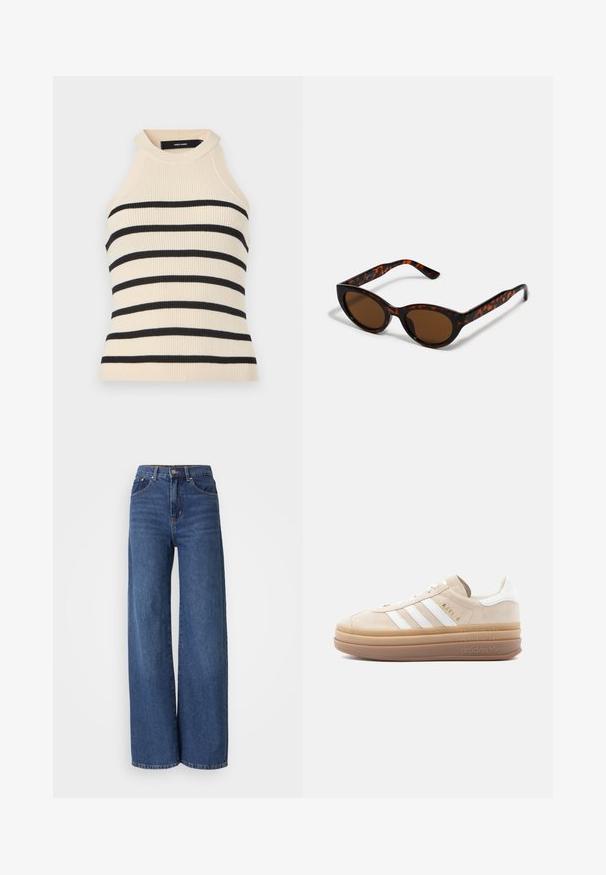 Ærmeløs top med ribstrik i creme med sorte horisontale striber. Design med høj hals. Blød tekstur, kropsnær silhuet og minimalistisk æstetik.; Højtaljede, brede jeans i mørkeblå denim. Har fem lommer, bæltestropper og en blød tekstur med kontrasterende syninger.; Beige ruskindsneaker med hvide læderdetaljer, der har tre hvide striber, et gyldent logo og en tyk, gennemsigtig gummisål.; Brune skildpadde solbriller med en vintage katteøje-form og brune linser. Har buede arme med røde detaljer.