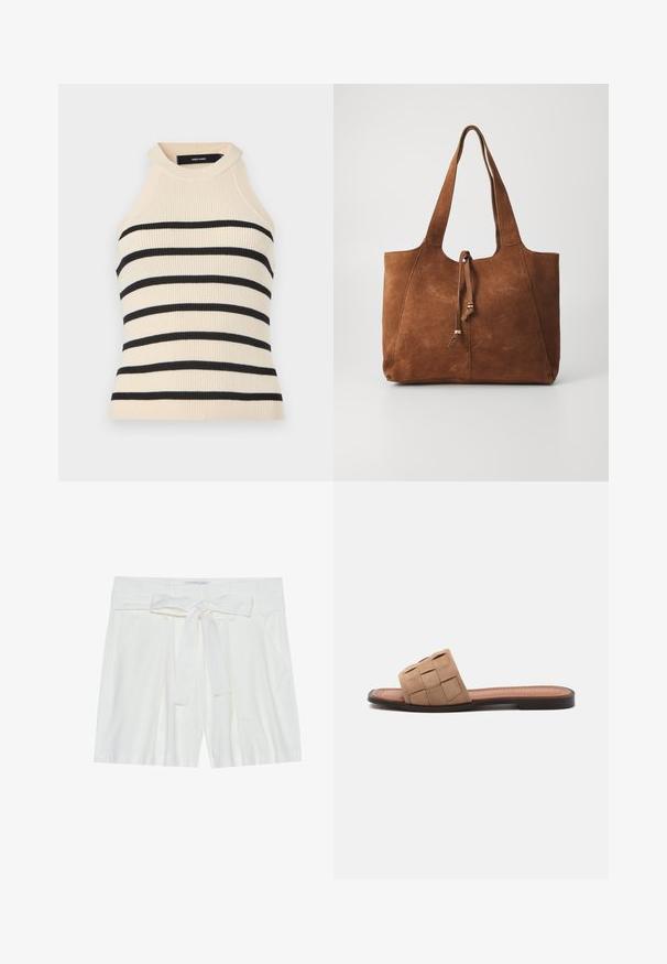 Ærmeløs top med ribstrik i creme med sorte horisontale striber. Design med høj hals. Blød tekstur, kropsnær silhuet og minimalistisk æstetik.; Hvide linned shorts med en bundet taljebælte, der har sidelommer og en afslappet pasform. Glat tekstur og enkelt design.; Brun flettet rem flad slip sandal med sort sål og polstret indersål på en lys grå baggrund.; Brun ruskinds tote bag med to lange håndtag, snøre lukning og glat tekstur. Har et enkelt design og minimale accenter.