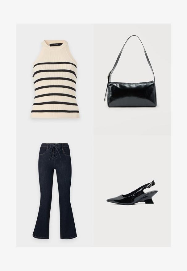 Ærmeløs top med ribstrik i creme med sorte horisontale striber. Design med høj hals. Blød tekstur, kropsnær silhuet og minimalistisk æstetik.; Mørkeblå flare-jeans med snørelukning foran og forlommer, vist fladt mod en ensfarvet baggrund.; Sort laklæder slingback sko med spids tå og lav vinklet blokhæl på ensartet lys baggrund.; Sort rektangulær skuldertaske med en enkelt justerbar rem og lynlås i toppen på en ensfarvet baggrund.