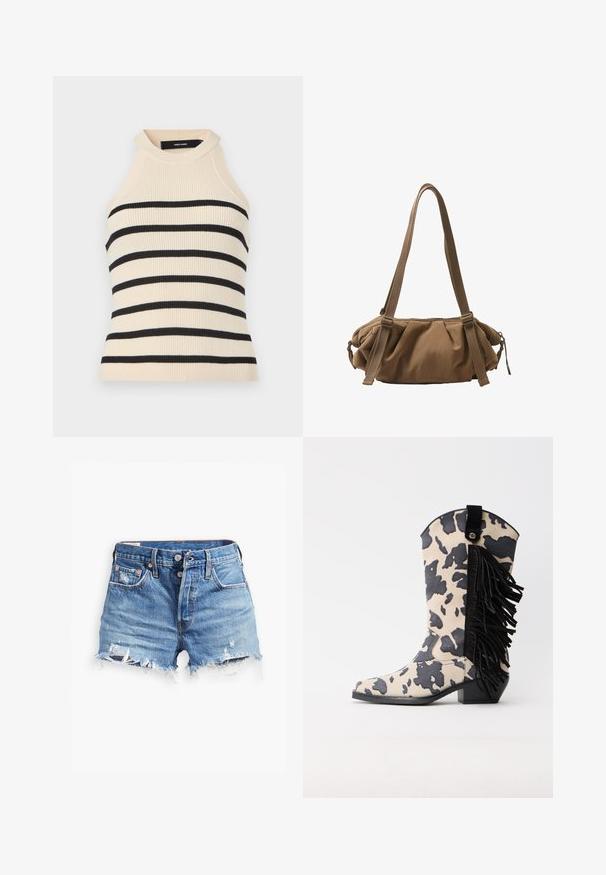 Ærmeløs top med ribstrik i creme med sorte horisontale striber. Design med høj hals. Blød tekstur, kropsnær silhuet og minimalistisk æstetik.; Lyseblå denimshorts med flæset kant, høj talje, knaplukning og to forlommer; slidte detaljer tilføjer tekstur.; Cowboystøvle til midt på læggen med ko-mønster, sort frynser langs siden og lav blokhæl på hvid baggrund.; Brun skuldertaske i stof med rynkede sider og lange justerbare remme, der hænger mod en hvid baggrund.