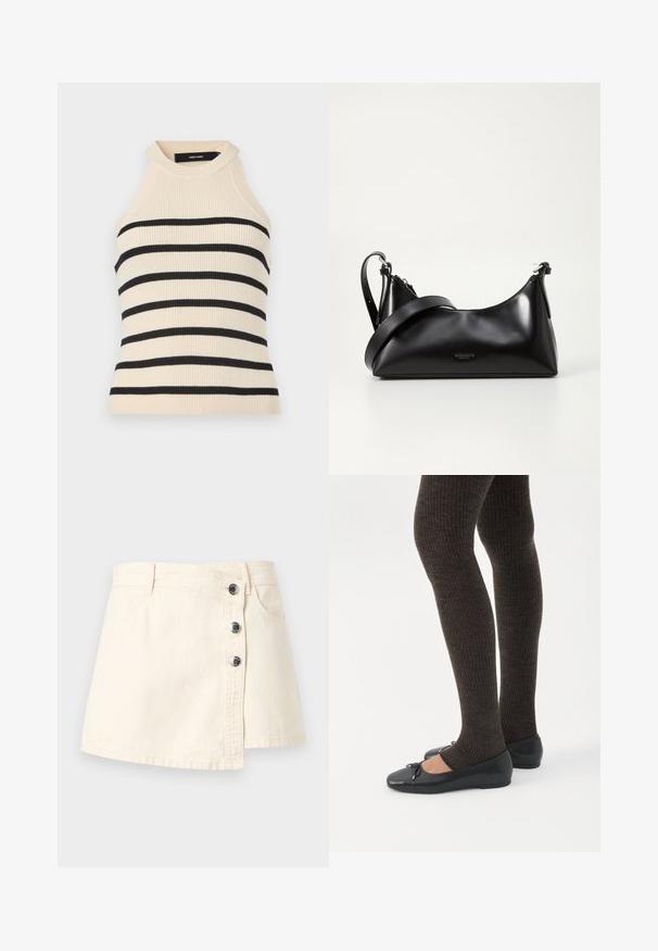 Ærmeløs top med ribstrik i creme med sorte horisontale striber. Design med høj hals. Blød tekstur, kropsnær silhuet og minimalistisk æstetik.; Mini nederdel i cremefarvet denim med asymmetrisk knaplukning, bæltestropper og forlommer.; Ben iført mørke ribbede leggings kombineret med sorte balletsko med små sløjfedetaljer på hvid baggrund.; Sort læderhåndtaske med en glat tekstur. Har en justerbar stropp og et enkelt, minimalistisk design med lynlås.