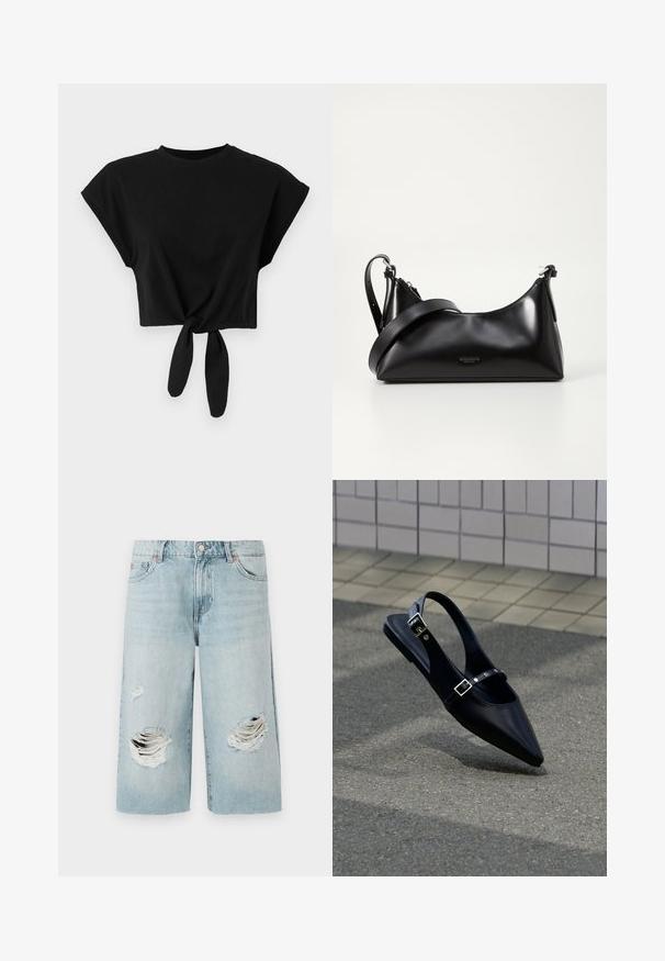 Musta lyhythihainen crop-top, joka on valmistettu pehmeästä puuvillasta. Siinä on lyhyet hihat ja solmitys helmassa. Yksinkertainen ja sileä rakenne.; Vaaleansiniset farkkushortsit, joissa on väljä malli ja joissa on kaksi suurta kulutettua reikää etuosassa. Viisi taskua ja näkyvä metallinappi.; Musta, kärjestään soikea slingback-matalakantainen kenkä, jossa on kaksoissolkiset hihnat, lepää harmaalla asfaltilla laatoitetun seinän lähellä.; Mustat nahkakäsilaukku, jossa on sileä pinta. Varustettu säädettävällä hihnalla ja tyylikkäällä, minimalistisella muotoilulla, jossa on vetoketjukiinnitys.