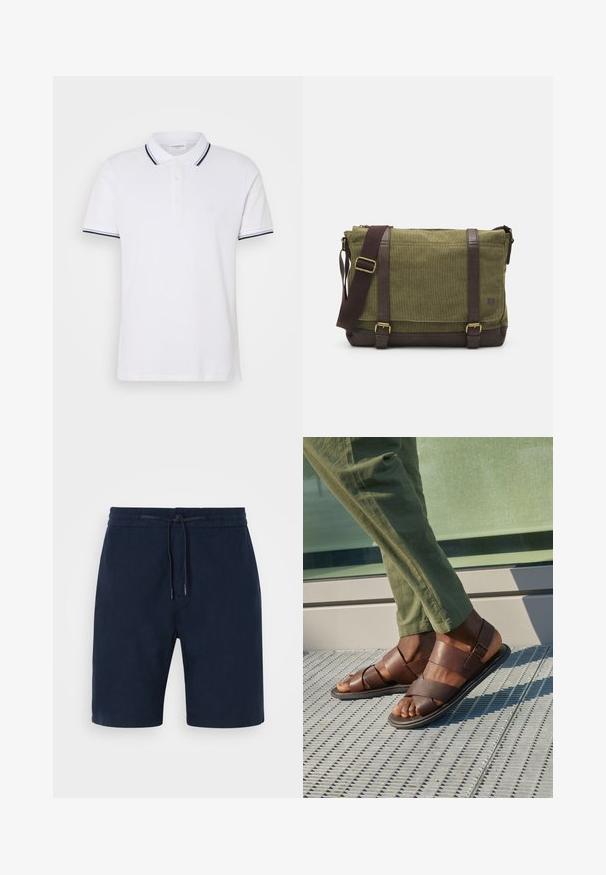 Weißes Poloshirt aus Baumwolle mit kragen, einer Knopfleiste mit drei Knöpfen und navyblauen sowie weißen gestreiften Akzenten an den Ärmeln.; Marineblaue Shorts aus weichem Stoff mit einem elastischen Bund und verstellbarem Kordelzug, Seitentaschen und geraden Beinen.; Braune Leder-Sandalen mit einem Riemendesign und einem Schnallendetail, kombiniert mit grünen Hosen auf einer strukturierten Oberfläche.; Grüne Stoff-Umhängetasche mit braunen Lederakzenten, einer Vorderklappe, verstellbarem Schultergurt und Reißverschlussverschluss an der Oberseite. Ausgestattet mit goldenen Beschlägen.