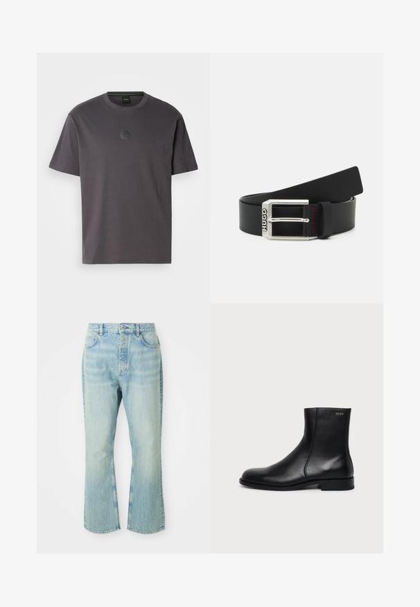 Grå bomulds t-shirt med kortærmer og rund hals. Har et struktureret, hexagonalt logo på brystet. En simpel, afslappet design.; Lysblå denim flared jeans med høj talje, der har fem lommer, bæltestropper og en toned vævning.; Sort læderankelstøvle med lav hæl, sidesyning og lille "HUGO" logo på den øverste manchet mod en ensfarvet baggrund.; Sort læderbælte med en sølvmetalspænde gravert med "HUGO," og med rød accenttrådning på bæltesløjfen.