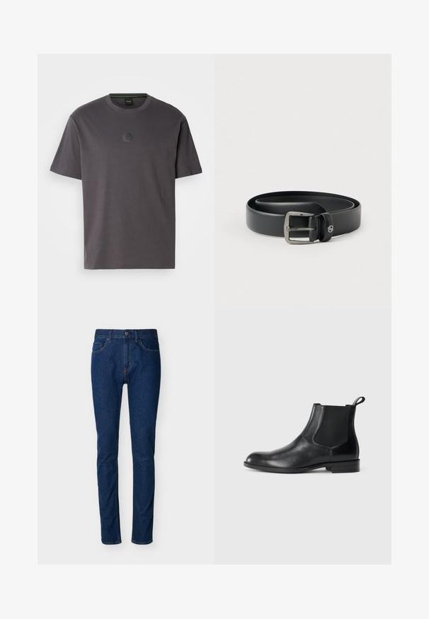 Grå bomulds t-shirt med kortærmer og rund hals. Har et struktureret, hexagonalt logo på brystet. En simpel, afslappet design.; Mørkeblå denimjeans med slim fit, fem-lomme design, synlige syninger og knaplukning ved taljen. Glat tekstur.; Sorte læder ankelstøvler med elastiske sidepaneler, rund tå og en trækloft. Glat tekstur, flad sål, minimalistisk design.; Sort læderbælte med en skinnende sølvfarvet metalspænde, glat tekstur og syninger langs kanterne. Har en løkke til at sikre bæltets ende.