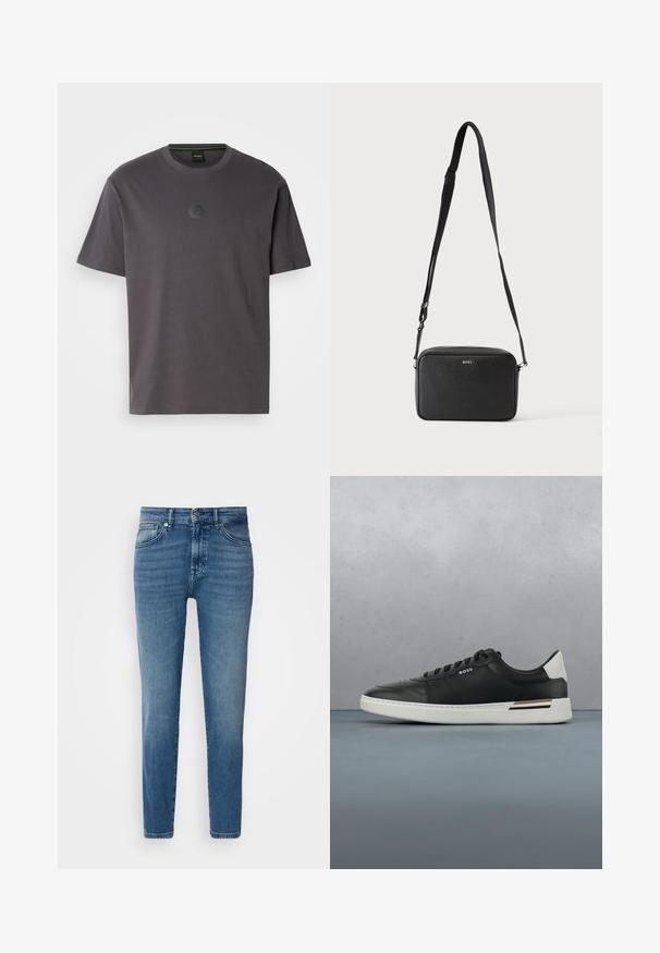 Grå bomulds t-shirt med kortærmer og rund hals. Har et struktureret, hexagonalt logo på brystet. En simpel, afslappet design.; Lysblå denimjeans med lige pasform, traditionelt fem-lomme-design, metalknaplukning og diskret slid på fronten.; Sort lædersneaker med hvid sål, har perforeringer, snørebåndsdesign, logo på siden og kontrasterende hældetalje i hvid og brun.; Sort rektangulær crossbody taske med justerbar rem og BOSS-logo foran, sat mod en ensfarvet lys baggrund.