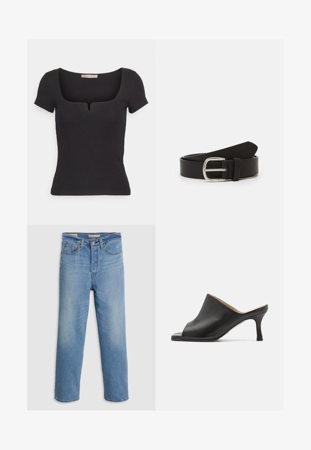 Schwarzes kurzärmliges Oberteil aus geripptem Material, mit einem quadratischen Ausschnitt und einem kleinen Schlitzdetail. Schlichtes, körpernahes Design.; Hellblaue gerade geschnittene Jeans aus Denim mit Fronttaschen, Gürtelschlaufen und einem Knopfverschluss auf einem schlichten Hintergrund.; Selected ASHLEY - Pantolette hoch - black; Schwarzer Leder Gürtel mit glatter Textur, ausgestattet mit einer silbernen Metall-Schließe und einer zulaufenden Spitze. Einfaches, klassisches Design.