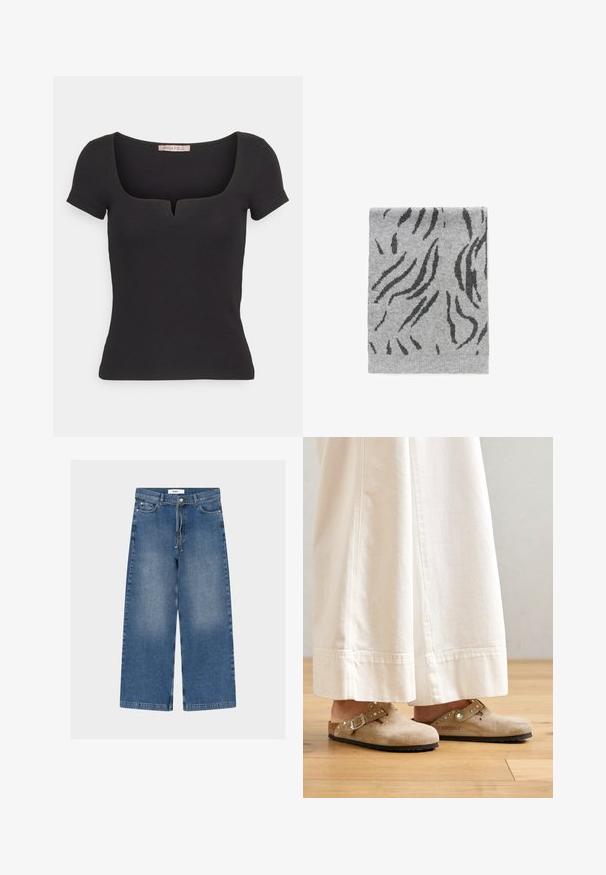 Sort kortærmet top lavet af ribbet materiale, med en firkantet halsudskæring og en lille udskæring. Enkel, tætsiddende design.; Blå denimjeans med vide ben, forlommer og et bundet bælte, med let falmede områder på lårene.; Beige ruskinds clogs med en spænde og nikkede accenter, iført med hvide brede bukser, sat på et trægulv.; Grå tørklæde med en struktureret overflade, der har et sort abstrakt mønster, der ligner dyrestriber. Blødt materiale, rektangulær form, ribbede kanter.