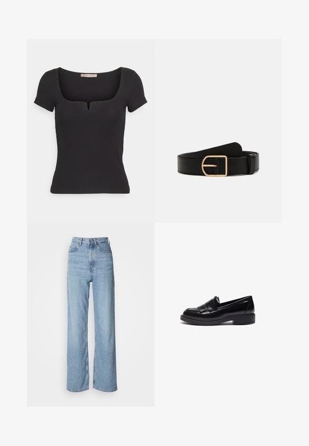 Zwarte top met korte mouwen van ribstof, met een vierkante halslijn en een klein inkepingdetail. Eenvoudig, nauwsluitend ontwerp.; Lichtblauwe high-waisted jeans met een rechte pijp, gemaakt van denim, met een sluiting aan de voorkant met knopen en subtiele vervagingdetails.; Zwarte leren loafers met een sleek design, voorzien van een ronde neus, decoratieve franjes en een lage, getextureerde rubberen zool.; Zwarte leren riem met een gouden vierkante gesp. Heeft een gladde textuur en een klassiek design, geschikt voor zowel casual als formele kleding.