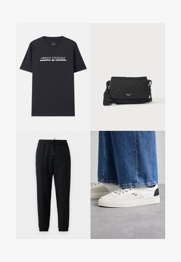 Čierne bavlnené tričko s krátkym rukávom, ktoré zdobí logo "Armani Exchange" a číslo "1991" v bielej a svetlomodrej farbe na hrudi. Má okrúhly výstrih.; Čierne teplákové nohavice s pásom na stiahnutie, elastickými manžetami a zúženým strihom. Vyrobené z mäkkej, pružnej tkaniny s hladkým vzhľadom.; Biele a čierne tenisky s hladkým koženým zvrškom, štruktúrovanými akcentmi a masívnou bielou podrážkou. Obsahujú klasický dizajn so šnurovaním.; Čierna crossbody taška s nastaviteľným popruhom a malým strieborným logom na prednej klape, zobrazená na jednoduchom svetlom pozadí.