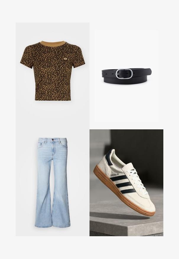 Levi's® ESSENTIAL SPORTY TEE - T-Shirt print - braun; Hellblaue Jeans mit ausgestelltem Bein, hoher Taille, Denim-Stoff, fünf Taschen und Knopfverschluss. Die Beine sind weit geschnitten und haben ein leicht ausgewaschenes Finish.; Weiße Wildleder-Sneaker mit marineblauen Streifen, Gummisohle, strukturiertem Obermaterial, runder Zehenform und Schnürung; mit Branding an der Seite und auf der Zunge.; Schwarzer Leder Gürtel mit glatter Textur, ovaler silberner Metallschnalle und mehreren Einstelllöchern entlang des Riemens. Flaches, minimalistisches Design.