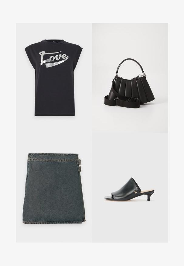 Zwarte mouwloze T-shirt van katoen met een metallic zilveren "Love" grafiek op de voorkant en een losse pasvorm.; Denim wikkelrok in donkerblauw met een gemarmerde oppervlakte, voorzien van twee zijgespen en een rechte zoom. Gestikte naden zichtbaar langs de randen.; Zwarte leren open teen muiltjes met een lage hak. Heeft een glad oppervlak en een gouden logo accent aan de zijkant.; Zwarte geplooide handtas met een ronde handgreep, verstelbare schouderriem en glanzende textuur. Heeft zilveren hardware en een gestructureerde silhoutte.