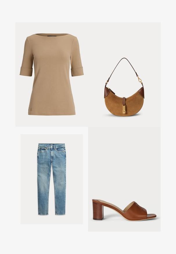 Beige kortærmet top med opsmøgede ærmekanter og en bred, rund halsudskæring vist på en ensfarvet lys baggrund.; Lyseblå slim-fit jeans med fem lommer og knaplukning, lagt fladt på en hvid baggrund.; Brune læder hæle mules med en bred åben tå, buet overlæbe og en stablet cylindrisk hæl med horisontale linjer.; Brun ruskind halv-måne taske med mørkebrune læderdetaljer, guldfarvet hardware og kort skulderrem.