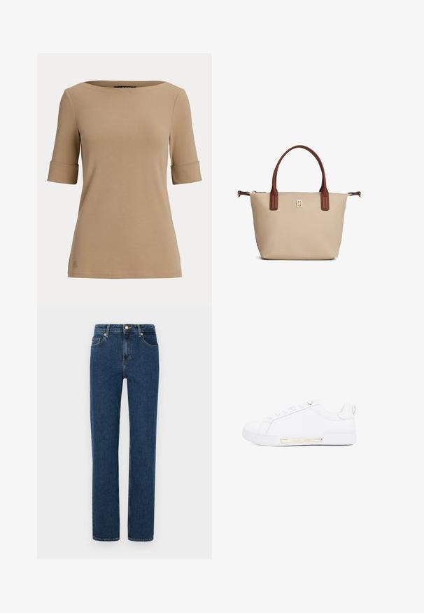 Beige kortærmet top med opsmøgede ærmekanter og en bred, rund halsudskæring vist på en ensfarvet lys baggrund.; Mørkeblå denim jeans med lige ben-designet, der har forlommer, knaplukning og en subtil tekstur.; Hvide lædersneakers med en glat overflade, minimalistisk design, guldaccent på siden og en let ophøjet hvid gummisål.; Beige mulepose med brune håndtag, lille guldlogo centreret under håndtagene og lynlås lukning øverst.