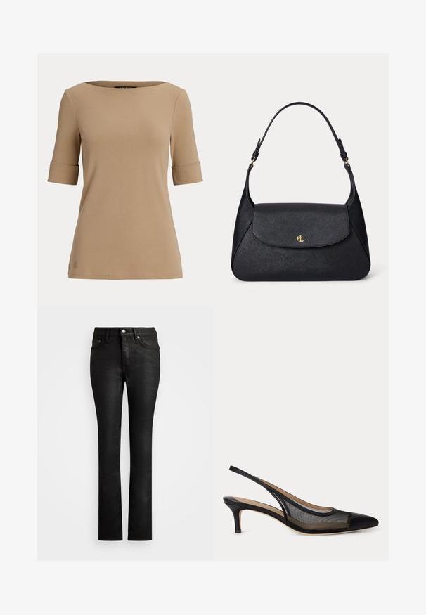 Beige kortærmet top med opsmøgede ærmekanter og en bred, rund halsudskæring vist på en ensfarvet lys baggrund.; Sorte denim jeans med en slim fit, fem-lomme design og subtil glans. Har en knaplukning og bælteløkker.; Sort slingback kitten heel sko med spids tå og gennemsigtige mesh sider, beige indersål og tynd rem bagpå.; Sort tekstureret læder skuldertaske med en buet klap og guld "RL" logo foran, med en justerbar rem med guldfarvet hardware.