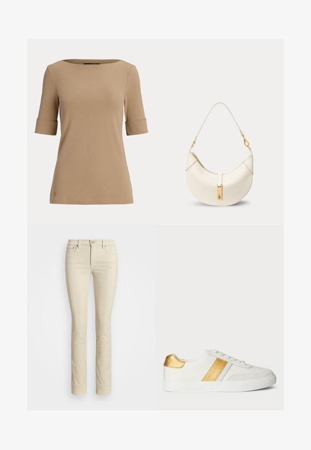 Beige kortærmet top med opsmøgede ærmekanter og en bred, rund halsudskæring vist på en ensfarvet lys baggrund.; Beige lige ben bukser, lavet af blød bomuldsblanding, med et klassisk fem-lomme design, metal knaplukning og subtil tekstur.; Hvide sneakers lavet af syntetisk materiale, med et metallisk guldbånd og hælaccent, samt en tekstureret gummisål.; Kremfarvet halvmåne lædertaske med kort rem og guldfarvet spænde med lille indgraveret logo.