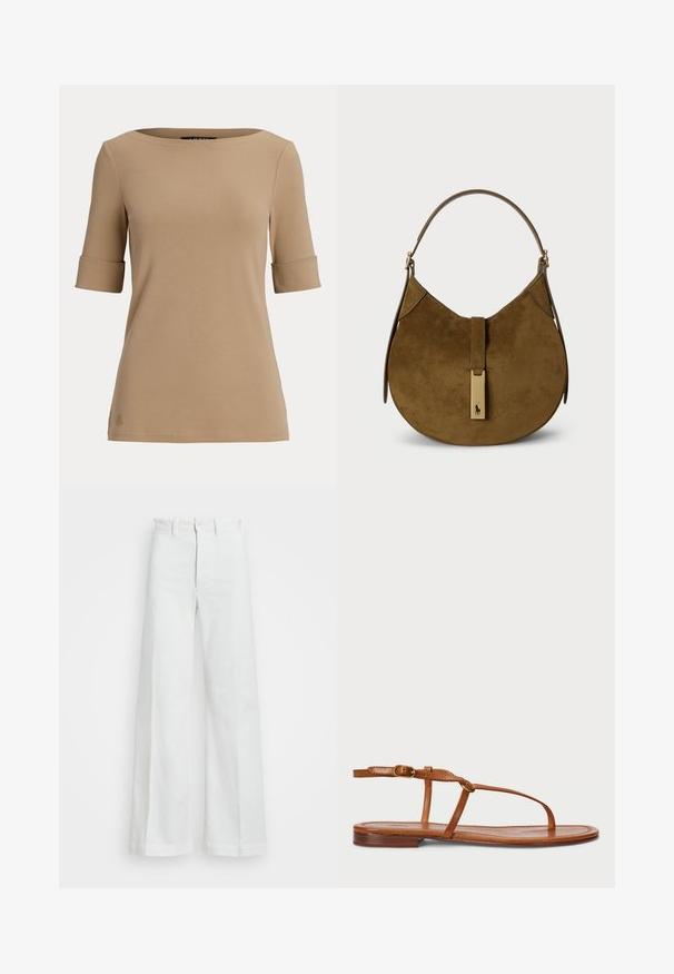 Beige kortærmet top med opsmøgede ærmekanter og en bred, rund halsudskæring vist på en ensfarvet lys baggrund.; Bredde hvide bukser lavet af denim, med høj talje, knaplukning og skjult lynlås. Glat overflade uden synlige mønstre.; Brune lædersandaler har et tyndt stropdesign, en flad sål og en spændeaccent på ankelstroppen for en justerbar pasform.; Ruskindetaske i mørkebrun med en buet silhuet. Har en top-håndtag og et metallic logo-accents på frontlukningen.