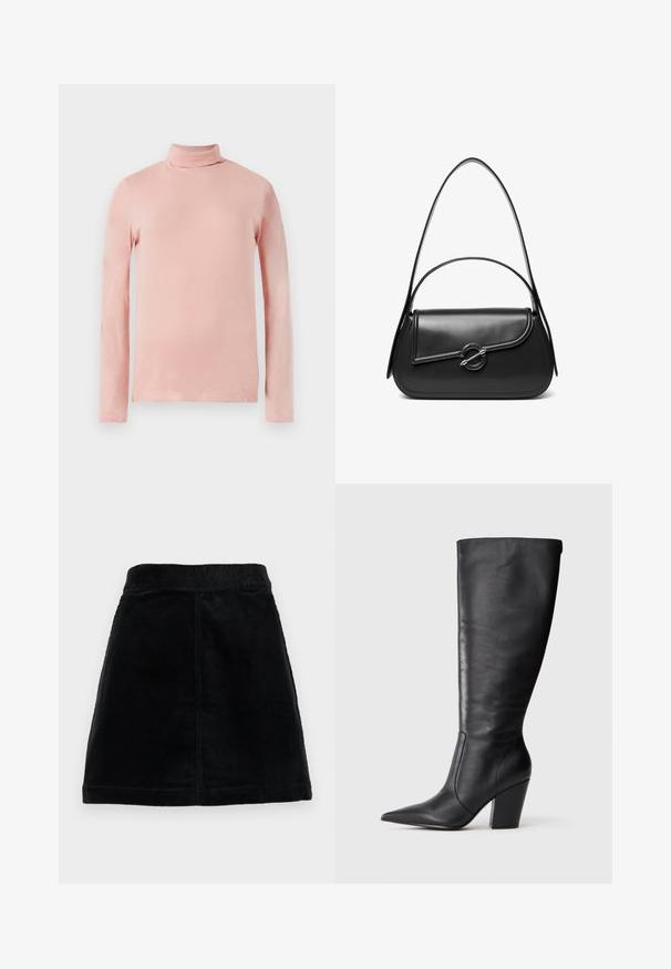 Lys pink langærmet turtleneck top med et tætsiddende design, glat tekstur og høj hals. Ingen synlige mønstre eller dekorationer.; Sort kordfløjlsskjørt med en tætsiddende talje, lige skæring og tekstureret stof med lodrette ribber. Ingen synlige lukninger eller udsmykninger.; Sort læderknehøj støvle med spids tå og kraftig høj hæl, vist i venstre sideprofil på hvid baggrund.; Sort skuldertaske i læder med en buet klap, der er fastgjort med en rund metal spænde, og en slank, justerbar rem.
