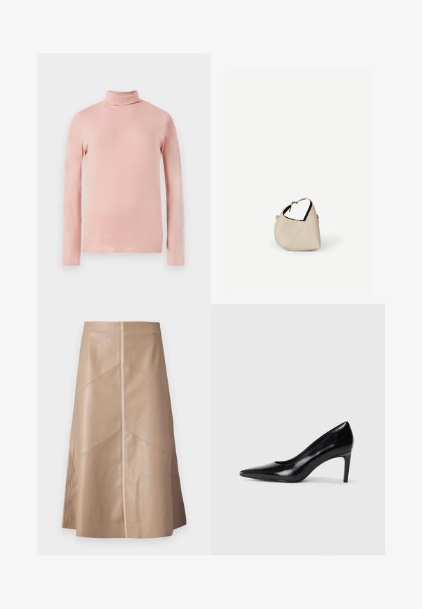 Lichtroze langesleeve turtleneck top met een slim fit, een zachte textuur en een hoge hals. Geen patronen of versieringen zichtbaar.; Beige faux leren A-lijn rok met subtiele paneeldetails en een matte afwerking, knie-lengte en hoge taille.; Zwarte leren hoge hak met een spitse neus, een gladde textuur en een tapse hak. Minimalistisch ontwerp, geen extra versieringen.; Beige leren handtas in halvemaanvorm met een enkele schouderband en minimale stiksels, afgebeeld tegen een effen witte achtergrond.