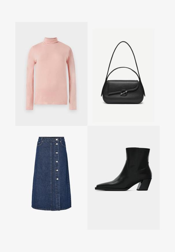 Lys pink langærmet turtleneck top med et tætsiddende design, glat tekstur og høj hals. Ingen synlige mønstre eller dekorationer.; Denimnederdel med høj talje, frontknaplukning og to sidelommer. Mørkeblå farve, lige snit og synlige syningsdetaljer.; Sortlæder ankelstøvle med spids tå, en slank silhuet og en kraftig firkantet hæl. Glat tekstur med minimale stikninger.; Sort læderhåndtaske med afrundede kanter, asymmetrisk klap, metalcirkulært spænde samt både korte og lange skulderstropper.