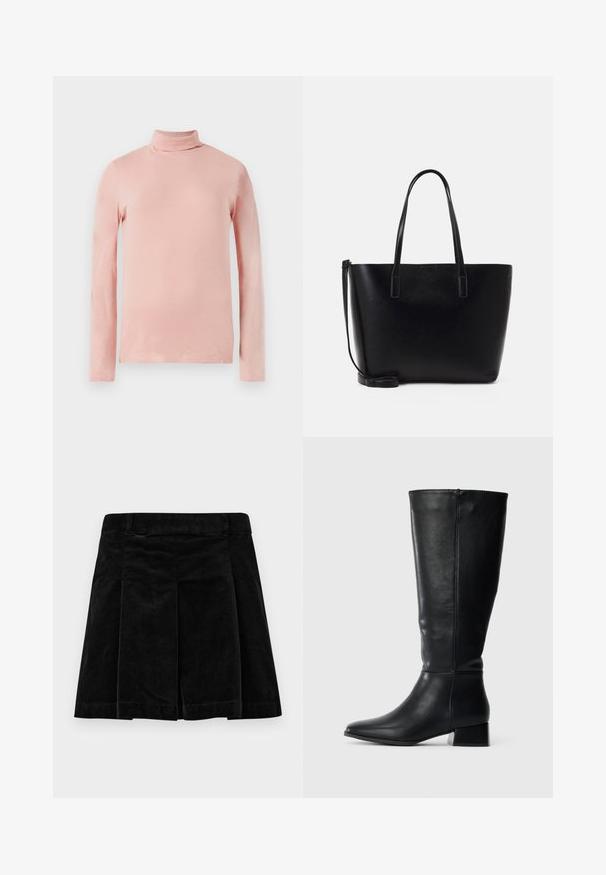 Lichtroze langesleeve turtleneck top met een slim fit, een zachte textuur en een hoge hals. Geen patronen of versieringen zichtbaar.; Zwarte corduroy rok met een geplooid ontwerp, met een rechte snit, textuur en een tailleband voor een stevige pasvorm.; Zwarte leren kniehoge laars met een lage blokhak en een spitse neus, vanaf de zijkant weergegeven op een effen lichte achtergrond.; Zwarte leren tote bag met twee lange handvatten, een gestructureerde vorm, een gladde textuur en een afneembare schouderband. Subtiele merkvermelding.